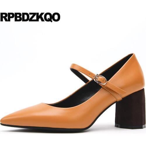 3 Inch Strap Block Women Mary Jane Genuine Leather Pointed Toe Orange Pumps Shoes Retro 2018 Size 4 34 Belts High Heels Japanese