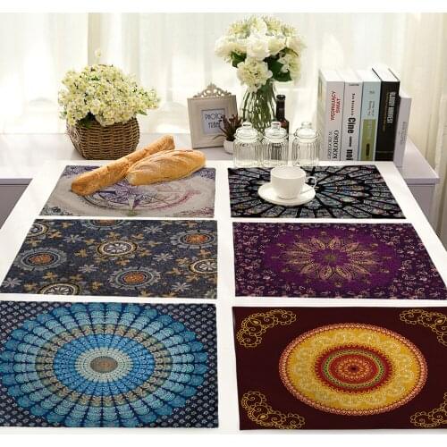 42*32cm Halal Mandala Pattern Series Pad Dining Table Mats Coaster Bowl Cup Mat Cotton Linen Kitchen Table Placemat Accessories
