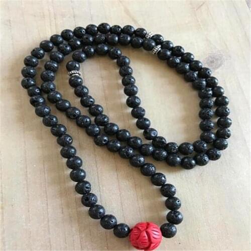 6MM 108 volcanics Stone cinnabar Gemstone Mala Bracelet Tibet silver Handmade Wristband Sutra MONK Unisex fengshui new Healing