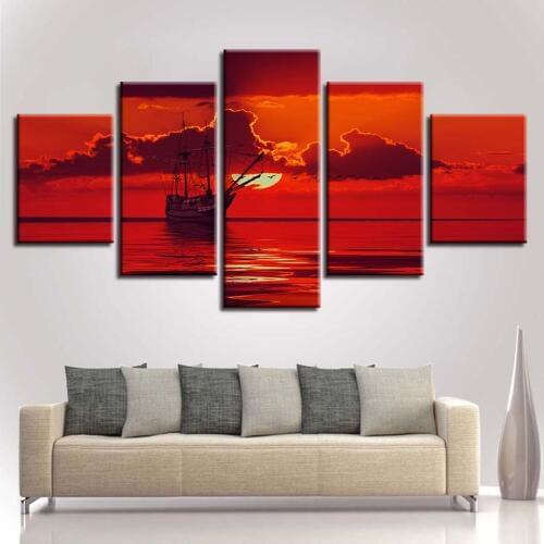 Living Room Decor Wall Art Frame HD Printed 5 Pieces Ship Cloud And Red Sky Sun Seascape Modular Canvas Paintings Poster Picture