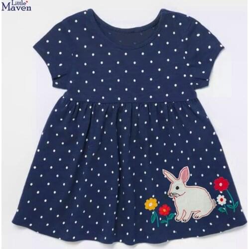 Little Maven New Summer Children Blue Bunny Appliques Dot Flowers Short-Sleeved O-neck Girls 2-7yrs Cotton Knitted Cute Dresses