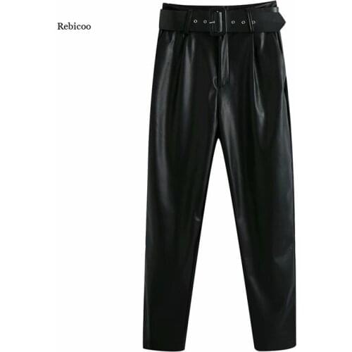 Elegant women faux leather pants autumn ladies fashion straight trousers streetwear female stylish sashes long pants