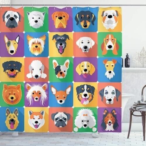 Purple Green Dog Shower Curtain Dog Breeds Profiles Pets Shepherd Terrier Labrador Domestic Animals Illustration