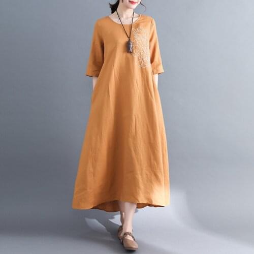 Johnature New Women Solid Color O-Neck Half Sleeve Long Dresses 2021 Summer Embroidery Irregular Loose Cotton Linen Dresses