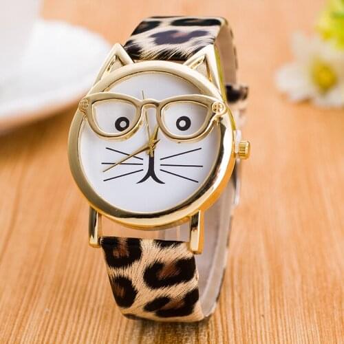 CAY Leopard Cat Face Women Geneva Watch Leather Strap Analog Quartz Wrist Watches Kids Clock Gold Ladies Watch Relogio Feminino