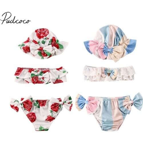 Pudcoco Summer Baby Swimsuit Toddler Kids Baby Girl 3pcs Floral Bikini set Swimsuit Swimwear Bathing Swimming Hat Clothes Set