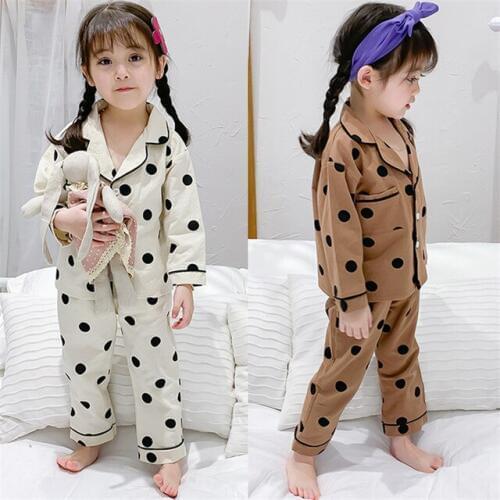 Autumn Pajamas Sets Korean Dot Print Large Lapel Top Cardigan Pants 2pcs Toddler Baby Homewear Kids Sleepwear 2019 New Arrival