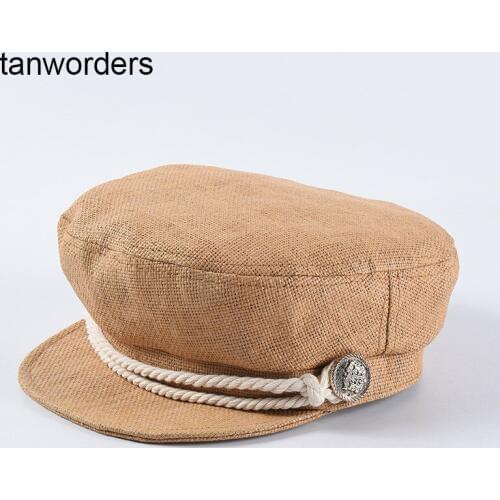Spring-Summer New Style Flat Top Military Cap Womens British-Style Retro Duckbill Hat Straw Solid Color Versatile Octagona