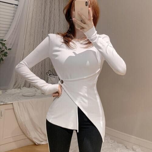 New arrival casual vintage tees fashion slim basic temperament work style elegant casual soft bouncy asymmetrical white T-shirts