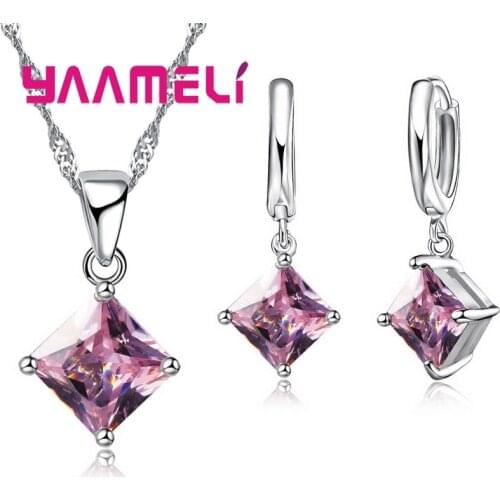 New Fashion Women Pendants Necklace Simple Geometry Square Earrings Crystal 925 Sterling Silver Jewelry Sets for Wedding