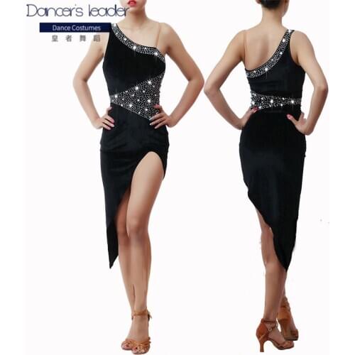 New Latin Dance Competition Costume Costume Adult Female Performance Costume Black Elastic Velvet Slim High Split Dance Skirt