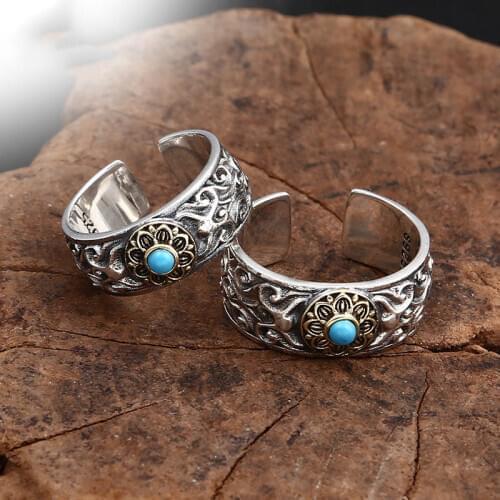 2020 New 100% Real 925 Sterling Silver color Couple Opening Ring For Men Women Blue Natural stone Adjustable Ring Fine Jewelry