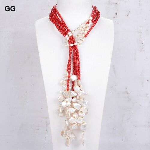 GG Jewelry 51" 3 Strands Freshwater Cultured White Keshi Pearl Red Coral Long Loop Necklace Coat Chain Sweater Chain For Women