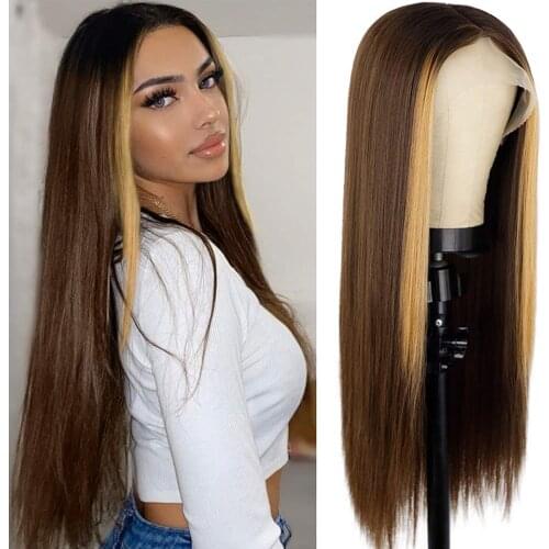 Is a wig Yellow Color Synthetic Lace Front Wigs Long Straight Cosplay wig for Women Black Pink MIddle Part Nature Hair