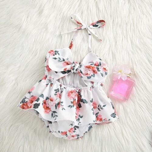 Princess New Summer Baby Girls Floral Print Short Romper Sunsuit Girls Sleeveless Hollow Out Sling Jumpsuit with Bow-knot