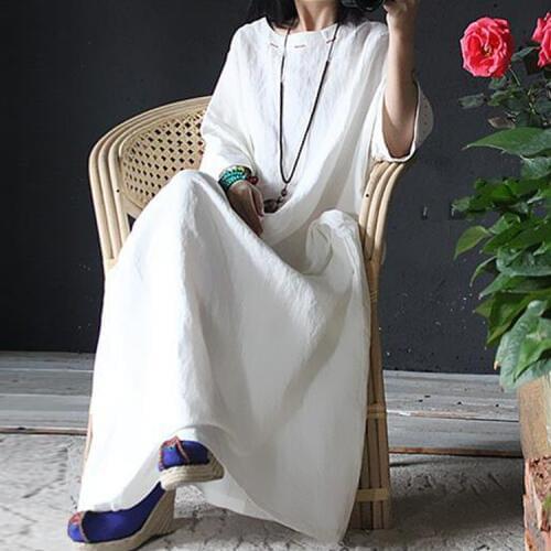 Women Plus Size Cotton Linen Dress Ladies Retro Bat Sleeve Dresses Robes Female Cotton Flax Vintage Summer Autumn Big Size Dress