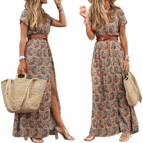 Elegant Women Summer Dress Boho Paisley Print Clothes Dress Suit Large Hem Short Sleeve Slit Hem Maxi Dress with Belt