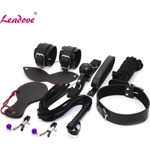 8pcs/set Black Red Leather Bondage Whole Set Kits Adult Sexy Toy Blindfold Cuff Rope Collar Sex Products for Couples XN0111
