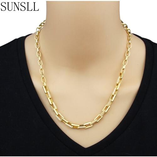 SUNSLL Fashion new copper zircon necklace rectangular pendant necklace for woman party simple golden necklace jewelry gift