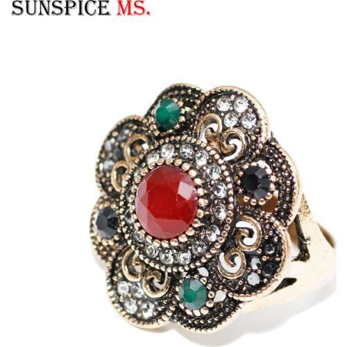 SUNSPICE MS Vintage Old Gold Flower Ring Turkish Women Ethnic Wedding Jewelry Bridal Gift Indian Bridal Gift Wholesale