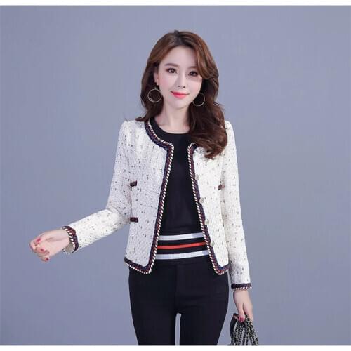 High quality white tweed jacket autumn womens jacket new long-sleeved hit color ribbon metal buckle jacket