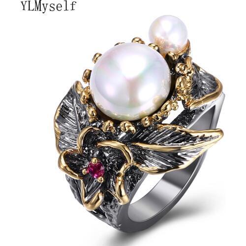 YLMyself 2021 Vintage Womens Ring Pearl Leaf Flower Luxury Jewellery Mask Ball Party Accessories Jewelry Rings