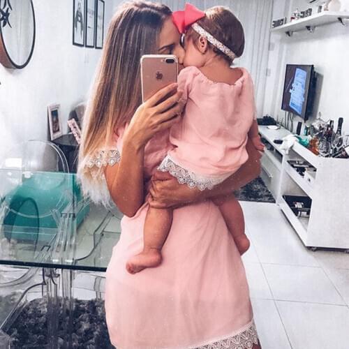 YUXIC Family Look Clothes Mother and Daughter Matching Pink Color Dress Newborn Baby Girls Dresses Mommy and Me Dress Kids Cloth