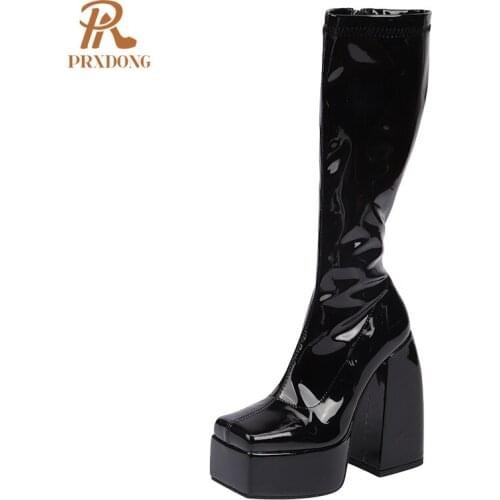 Women Sexy Stretch Boots Elastic Microfiber Leather Knee High Boots Square Toe High Heels Platform Ladies Zipper Shoes Plus Size