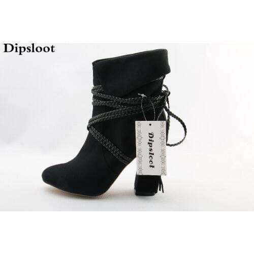 Spring New Brand Women Black Suede Rope Lace Up Round Toe Square Heels Mid-calf Short Boots Slip On Fold Booties Ladies