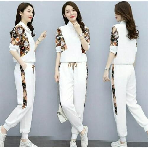 High Quality White Pant Suits Womens Summer 2021 New Zipper T-Shirt And Sports Pants Splicing Suit Femme Fashion Casual 502