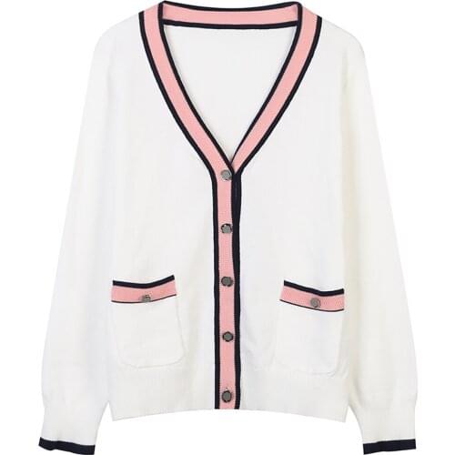 2021 Autumn Winter New Womens V-Neck Long Sleeve Single Breasted Contrast Stripe Loose Knit Cardigan