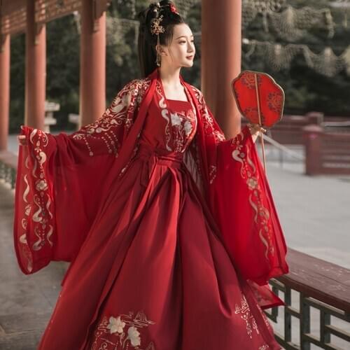 Oriental Ancient Tang Dynasty Hanfu Dress Woman Chinese Traditional Dance Costumes Red Elegant Fairy Folk Dance Clothing DWY4420