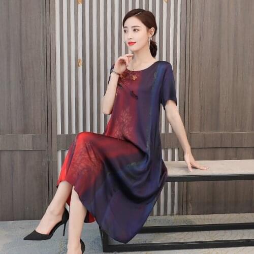 New 2021 Summer Women Dresses Loose Plus Size Ladies Print Imitate Silk Dress High Quality Female Vintage Party Robe Vestidos