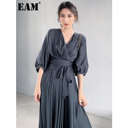 [EAM] Women Gray Bandage Elegant Chiffon Dress New V-Neck Three-quarter Sleeve Loose Fit Fashion Tide Spring Summer 2021 1W512