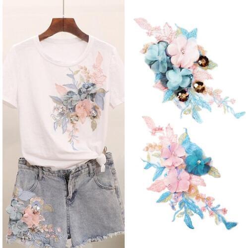 1Pc Colorful 3D Flower Embroidery Patches Bridal Lace Sewing Fabric Applique Beaded Tulle DIY Wedding Dress