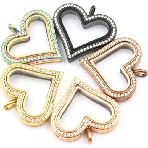 5 Colors Heart Crystals Stainless Steel Magnetic Floating Locket Pendant Glass Memory Lockets for DIY Necklace