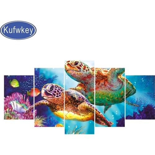 5 Panel Turtle Diamond Painting Cross Stitch 3D drilling full square Diamond Mosaic Embroidery Ocean Fish Picture of rhinestones