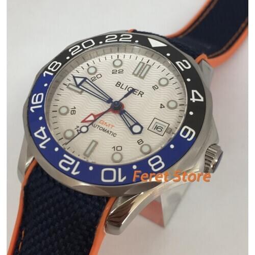 Bliger 41mm Automatic Mechanical Mens Watch GMT Movement Luxury Luminous Waterproof Calendar Sapphire Glass white Wristwatch