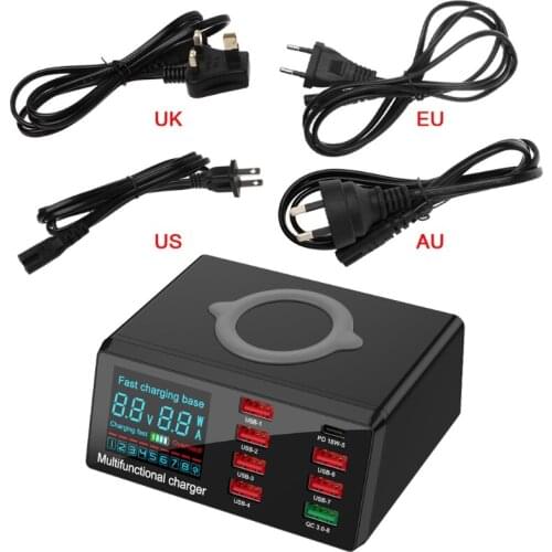 8Ports QC 3.0 USB & Type C PD Fast Charger Adapter 10W Wireless Charger Station Digital Display for Mobile Phone Tablet