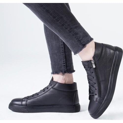 Callizio Mens Genuine Leather Sneakers Black Round Toe Comfortable Sole 2021 Laced Original Designer Male Sneaker Footwear Man Zipper Vulcanized Rubber Sole Handmade Casual Comfortable Small Size 7 Free Shipping Shoes