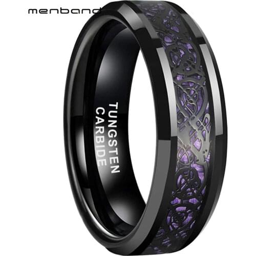 Black Women Ring Tungsten Wedding Band With Purple Carbon Fiber Black Dragon Inlay 6MM