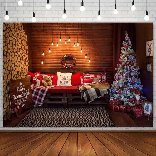 Merry Christmas Tree Backdrop Lights Santa Gifts Wreath Plank Red Pillow Kid Photography Background Photo Studio Props Photozone