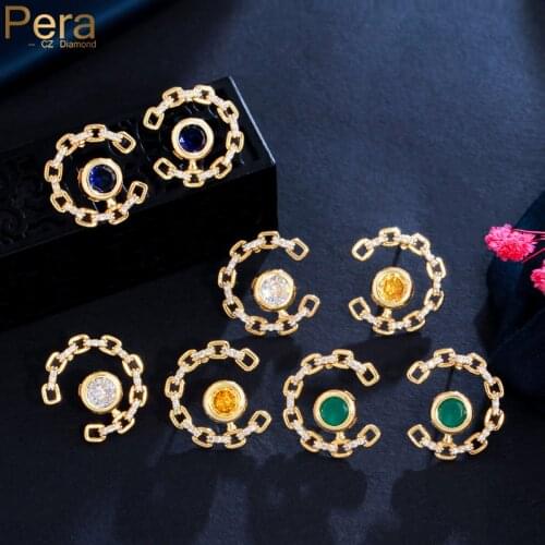Pera Classic Green Blue Crystal Brazilian Gold Big Round Stud Earrings Cubic Zirconia Jewelry Dancing Party Dress Jewelry E814