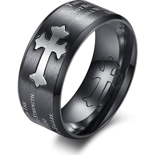 Christ Cross Ring for Men and Women Titanium Steel Brushed Ring Isaiah Lettering Ring Religious Finger Jewelry
