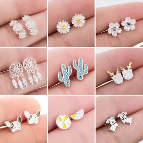 Fashion Cartoon Cute Rabbit Cat Dog Whale Small Earring Simple Heart Flower Cactus stud Earrings Jewelry for Women Girl Kids