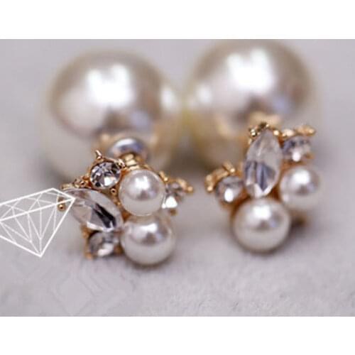 Fashion Pinup Women Sexy Hand made Double Face Double side 3 Pearl Crystal Rheinstone Bead Ball PIN Stud Ear Earings