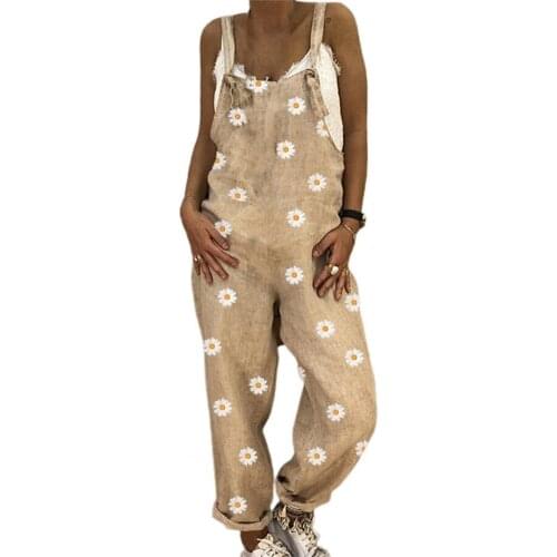 Fashion Jumpsuit Chrysanthemum Print Shoulder Strap Women Loose Sleeveless Backless Romper for Daily Wear Womens Clothing 2021