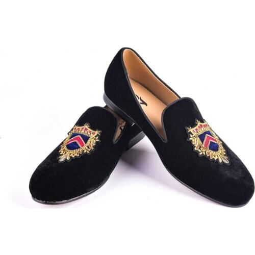 Jeder S Men Shoes Loafers Gold Badge Embroidery Handmade Velvet Black Slip-on Shoes Mens Party and Wedding Flats