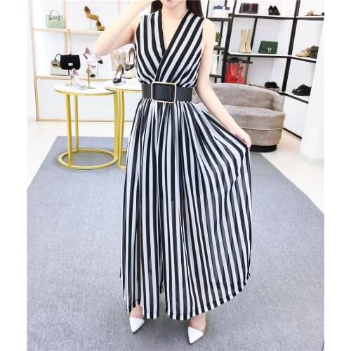 New design women v-neck sleeveless stripe print high waist wide leg chiffon long pants jumpsuit rompers with belt