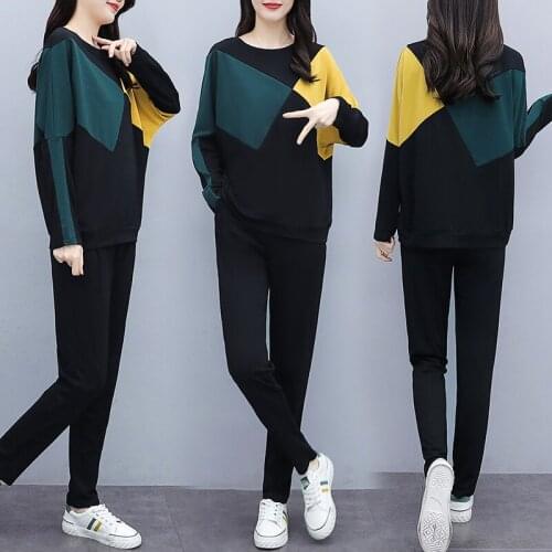 Autumn Winter Plus Size Casual Long Sleeve Tracksuit 2 Piece Sets Women Korean O-Neck Patchwork Pullover Tops + Sweatpants Suit